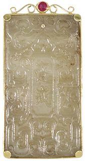 ESTATE CHINESE  18KT GOLD-MOUNTED CARVED JADE PLAQUE PENDANT
