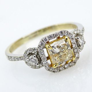 1.21 Carat Fancy Yellow Princess Cushion Cut Diamond and 18 Karat Yellow Gold Engagement Ring Accented Throughout with Approx