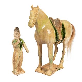 A Tang Dynasty and Later, Straw Glazed Pottery Horse and Figure of a Foreign Groom