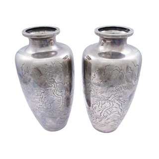 Pair Meiji Silver Vases
