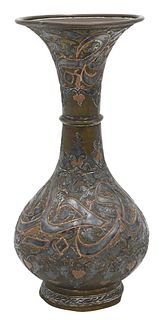 Antique Mamluk Revival Silver and Copper Inlay Over Brass Vase
