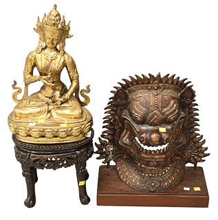 Two Piece Lot to include Large Brass Seated Buddha on Carved Chinese Oval Table Form Base and Lion Mask