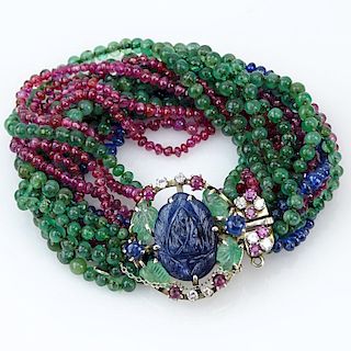 Art Deco Sapphire, Emerald, Ruby and 14 Karat Yellow Gold Tutti Frutti Bracelet with Small Diamond Accents to Clasp