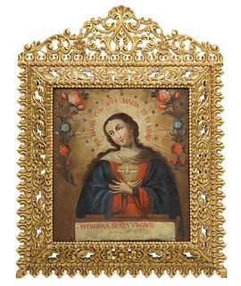 FRAMED SPANISH COLONIAL SCHOOL OIL PAINTING BLESSED VIRGIN MARY