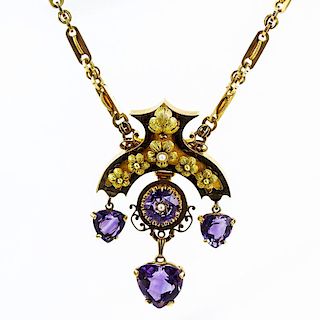 Victorian Egyptian Revival 14 Karat Yellow Gold, Amethyst and Pearl Pendant Necklace