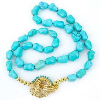 Single Strand Turquoise Beaded Necklace with 14k Victorian Pin Brooch Pendant