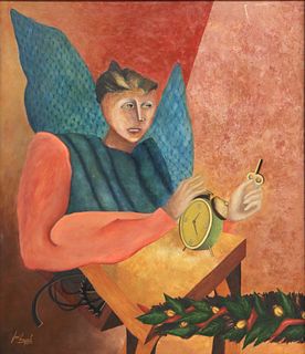 JOSE MIGUEL BAYRO CORROCHANO (B.1960) PAINTING 'EL ANGEL DEL TIEMPO,' 42" X 36"