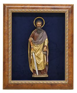 CONTINENTAL CARVED & PAINTED FIGURE SAINT PAUL IN SHADOWBOX FRAME
