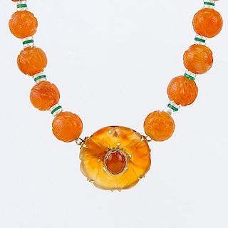Art Deco Carved Carnelian, Rock Crystal, Chrysoprase and 14 Karat Yellow Gold Necklace