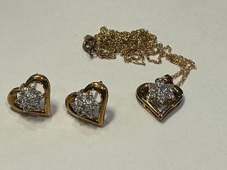 10K Gold & Diamond Heart Earrings & Necklace