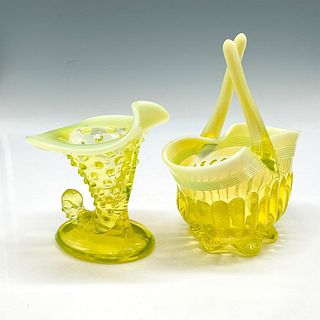 2pc Fenton Glass, Hobnail Cornucopia + Split Twig Basket