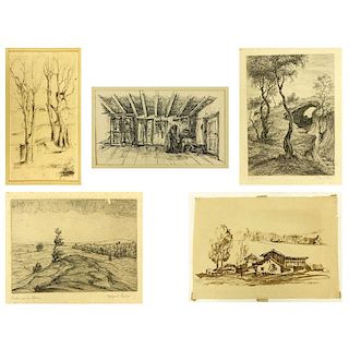 Lot of Five (5) Antique Ink Drawings and Etchings