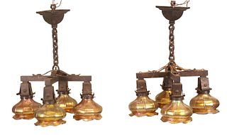 Pair of Patinated Metal Four Light Hanging Lamps