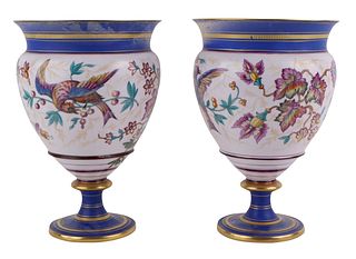 Pair of Bird and Flower Decorated Footed Vases