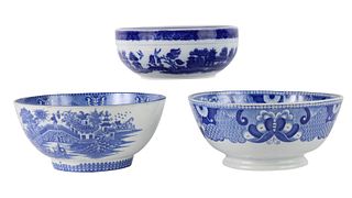 Three Blue-and-White Transfer Decorated Bowls