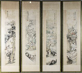 Four Chinese Painted Framed Scrolls