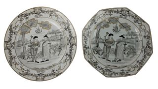 Two Chinese Export Grisaille Porcelain Plates