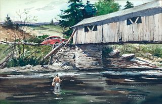 Milton C. Weiler (1910-1974), Fly Fishing by Covered Bridge