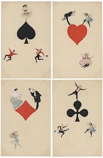 Set of Four Art Nouveau Playing Card Postcards.