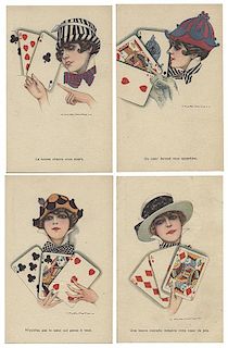 Set of Four Italian Art Deco Playing Card Postcards.