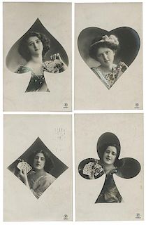 Set of Four Belgian Playing Card Real Photo Postcards.