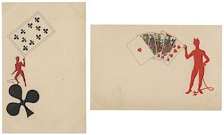 Two Postcards with Embossed Devil and Playing Cards.