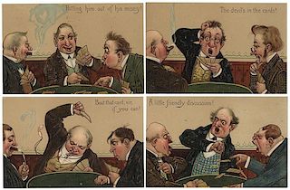 Set of Six Comic Postcards. Men Playing Cards with Humorous Captions.
