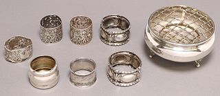 (8) .950 SILVER FLOWER FROG BOWL & OTHER SILVER NAPKIN RINGS