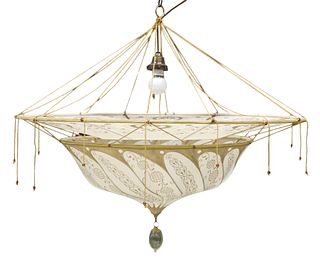 FORTUNY PAINTED SILK TWO-TIER HANGING LAMP, 36.5"DIAM