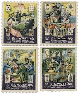 Six World Poster Stamps “C.L. Wüst Spielkarten Fabrik.”
