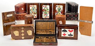 Lot of A Dozen Leather and Wooden Playing Card Boxes.