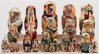 Five Sets of Russian Nesting Dolls with Playing Card Graphics.