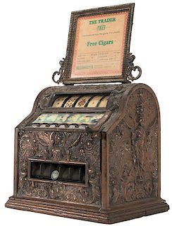 Mills Novelty Co. “The Trader” 5 Cent Cast Iron Cigar Trade Stimulator on Wood base.