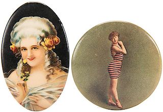Pair of Celluloid Pocket Mirrors with Victorian Ladies.