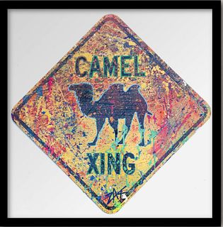 E.M. Zax- Hand painted with collage metal street sign "Camel Xing"