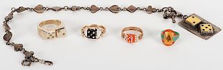 Five Pieces of Vintage Gambling-Themed Jewelry.