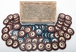 Original Box of Faro Checks with Paper Label & 70 Original Markers.
