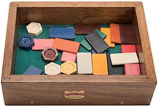 Mixed Group of Multi-Colored Faro Markers and Coppers in Mason & Co. Felt Lined Wood Tray.