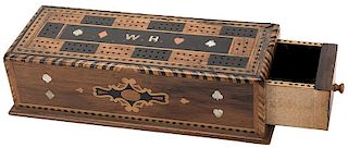 Inlaid Wood and Mother of Pearl Cribbage Board and Card Holder.