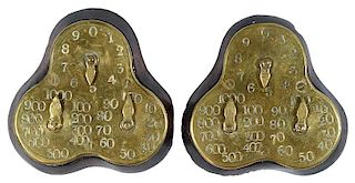 Pair of Brass Bezique Markers on Wood Base with Three Pointers.
