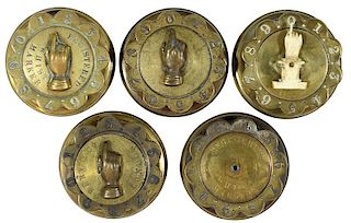 Five Brass Whist Markers with Hand and Finger Pointer.