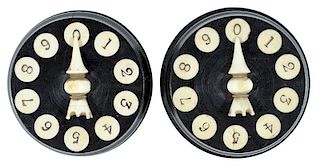 Pair of Whist Markers with Wood Base, Inset Scrimshawed Ivory Numbers, Ivory Pointer and Felted Bottom.