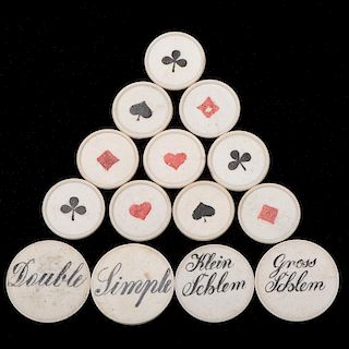 Ten Hand Painted Ivory Whist Counters with Suit Symbols and Four Ivory Whist Counters.