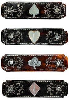 Set of Four Tortoise Shell Whist Counters Inlaid with Gold and Mother of Pearl on Both Sides.