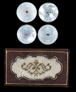 Petit Point and Leather Whist Counter Holder with Four Hand Painted and Engraved Mother of Pearl Whist Counters.