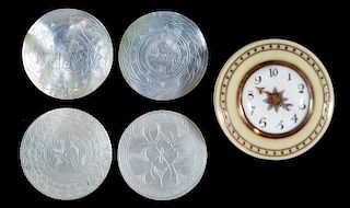 Ivory Whist Counter Box with Porcelain Dial and Gold Inlay on Lid and Four Engraved Mother of Pearl Whist Counters.