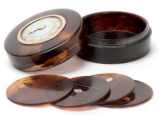 Tortoise Shell Whist Counter Box with Glass Dial and Gold Pointer on Lid.