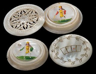 Pair of Mother of Pearl Whist Counter Boxes, Each with Four Hand Painted Mother of Pearl Counters.