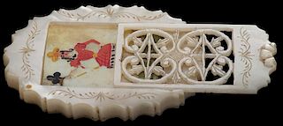 Mother of Pearl Whist Counter Box with Four Hand Painted Mother of Pearl Whist Counters.