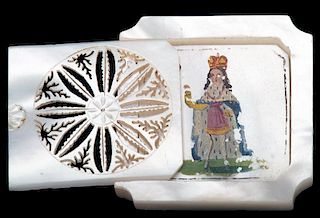 Mother of Pearl Whist Counter Box with Four Hand Painted Mother of Pearl Whist Counters.